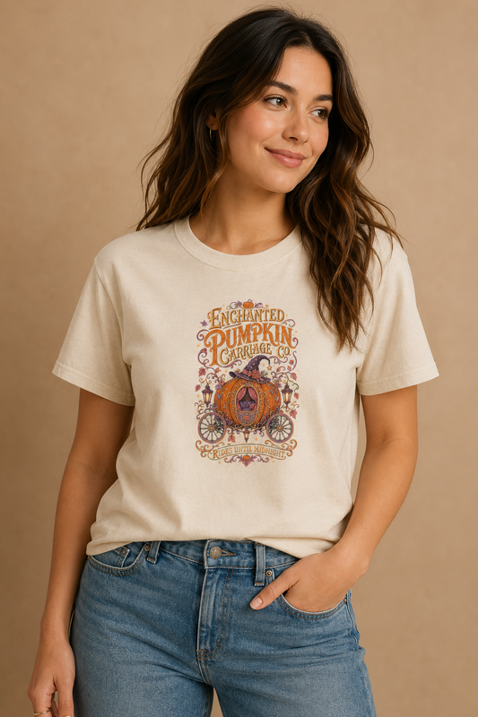Woman wearing a beige Enchanted Pumpkin Carriage graphic T-shirt