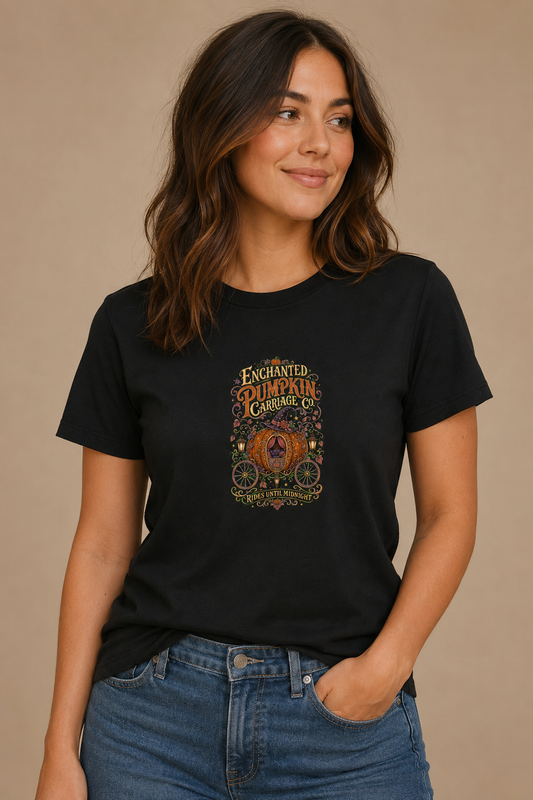 Woman wearing a black Enchanted Pumpkin Carriage graphic T-shirt