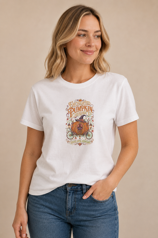 Woman wearing a white Enchanted Pumpkin Carriage graphic T-shirt