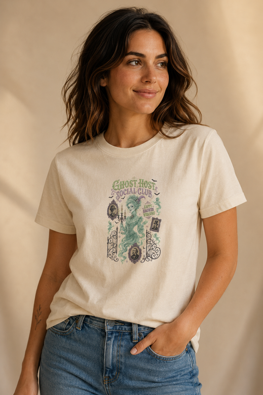 Woman wearing a beige Ghost Host Social Club graphic T-shirt