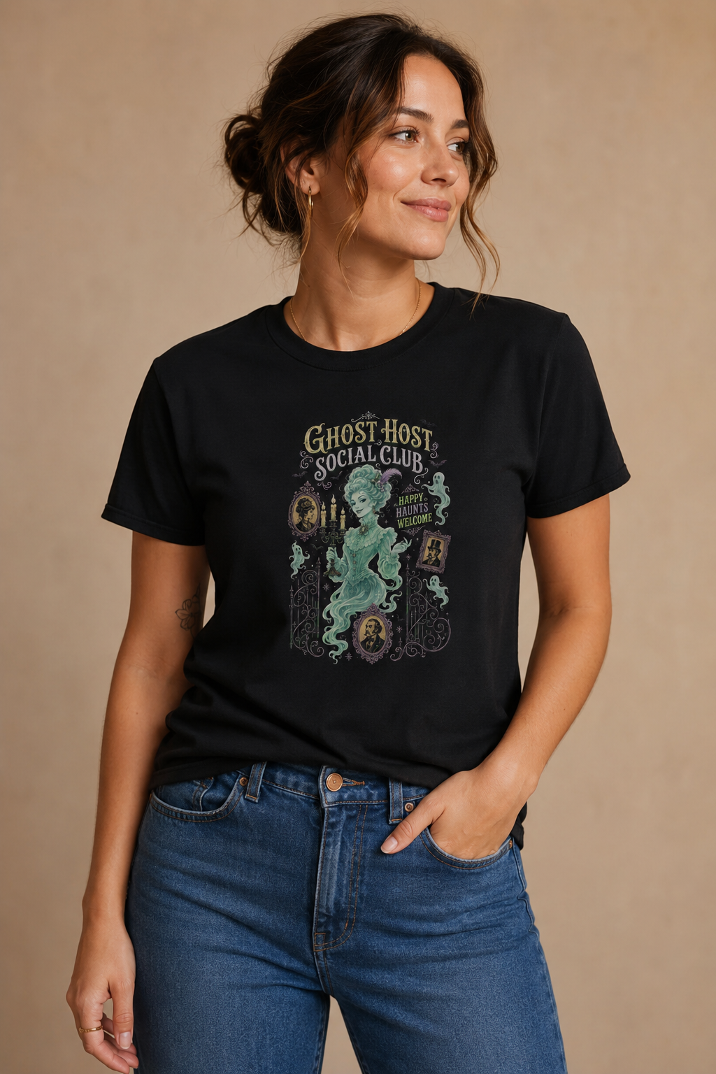 Woman wearing a black Ghost Host Social Club graphic T-shirt
