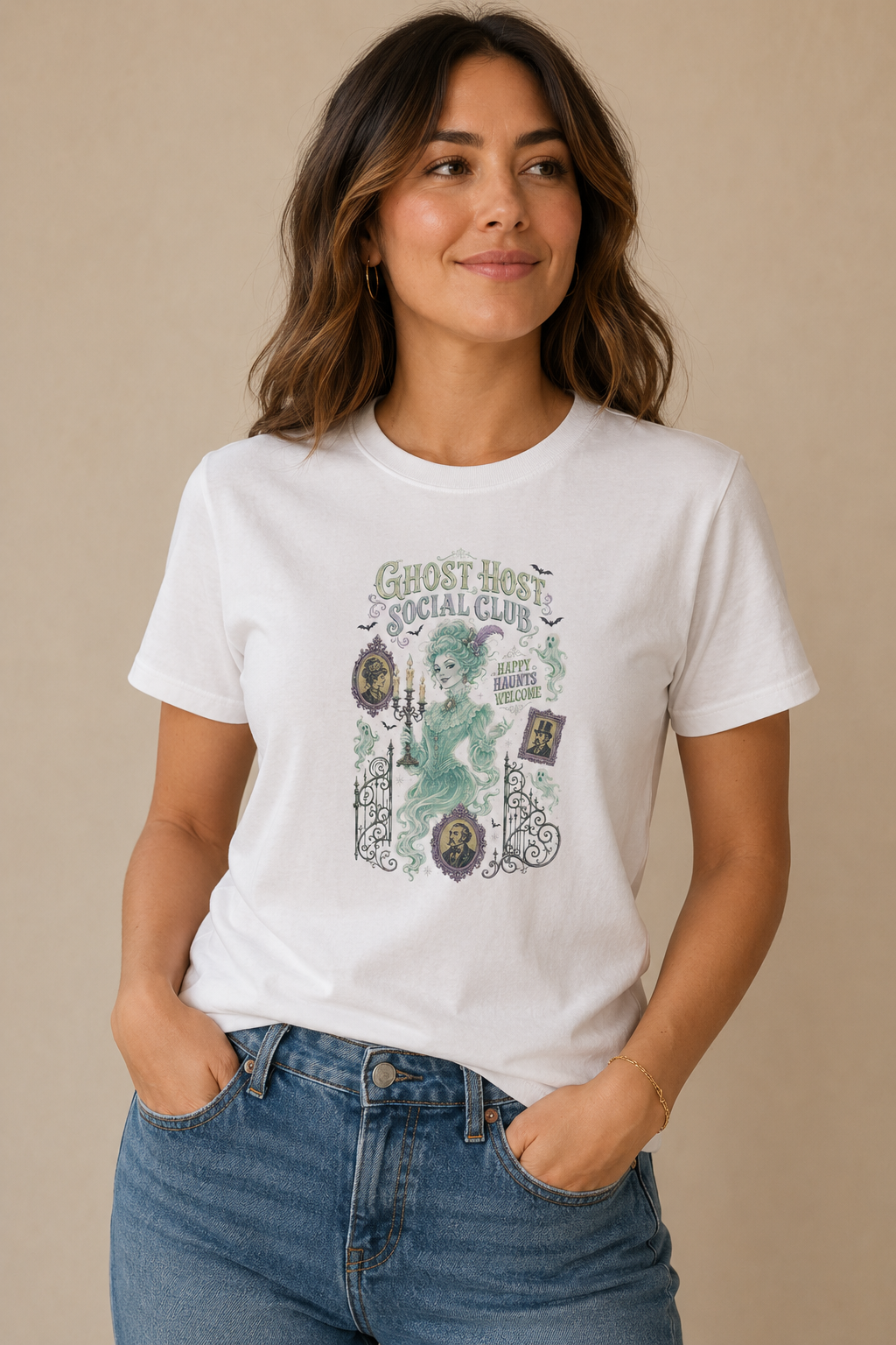 Woman wearing a white Ghost Host Social Club graphic T-shirt