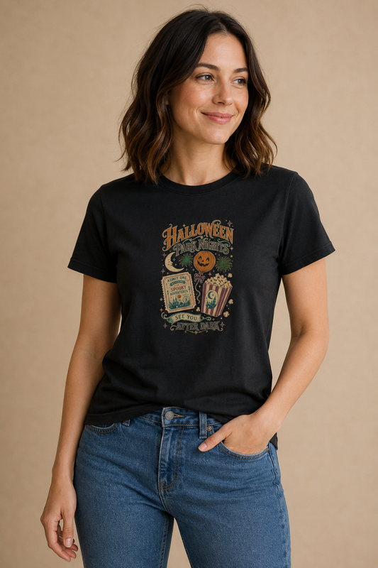 Woman wearing a black Halloween Park Nights graphic T-shirt