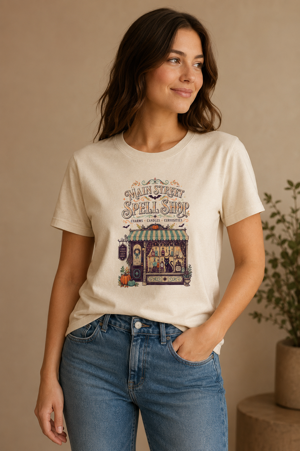Woman wearing a beige Main Street Spell Shop graphic T-shirt