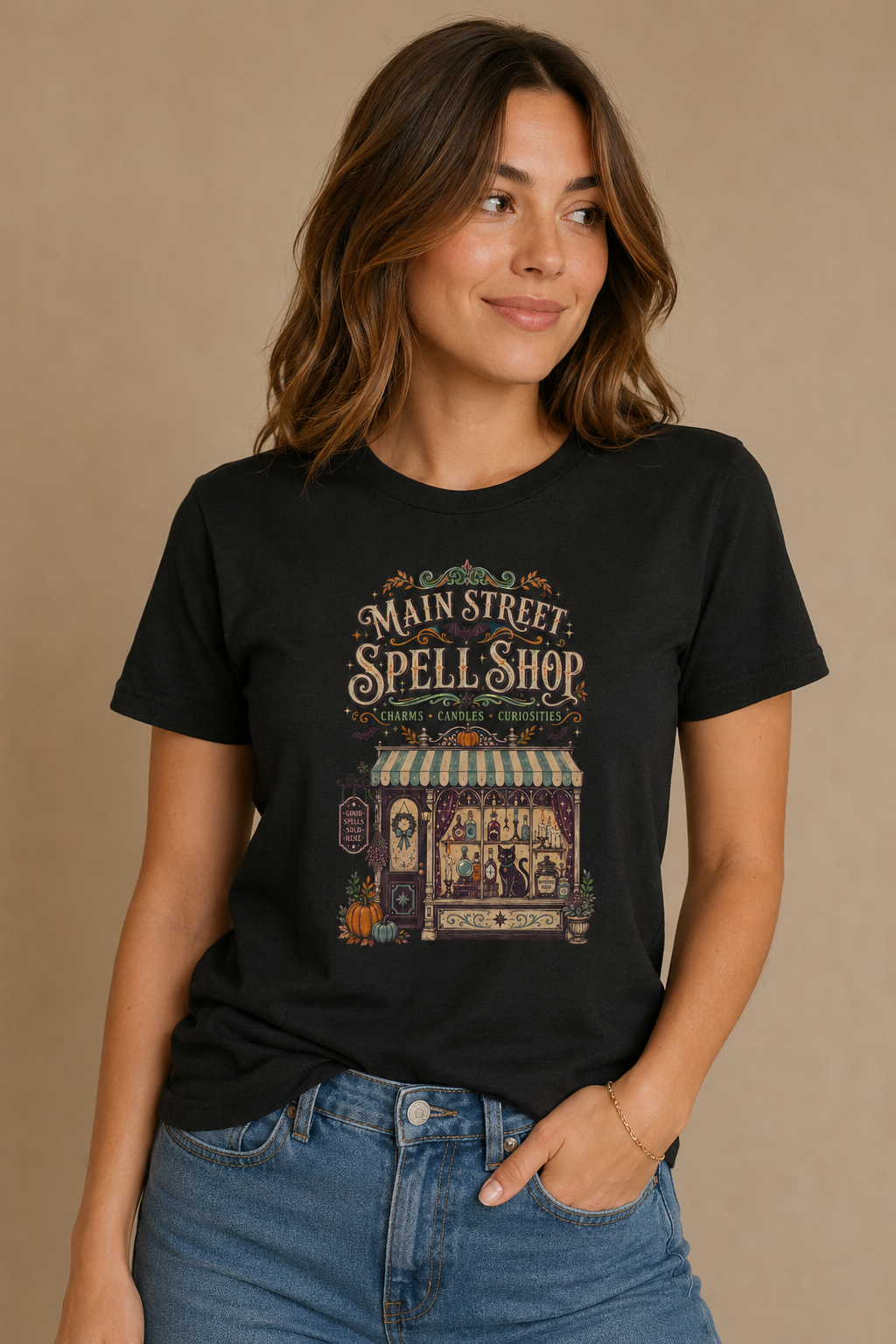 Woman wearing a black Main Street Spell Shop graphic T-shirt