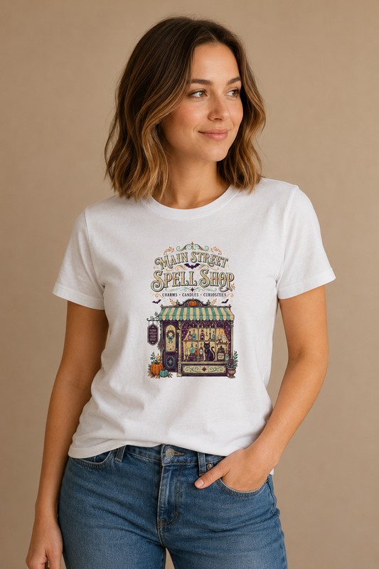 Woman wearing a white Main Street Spell Shop graphic T-shirt