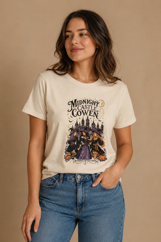 Woman wearing a beige Midnight Castle Coven graphic T-shirt