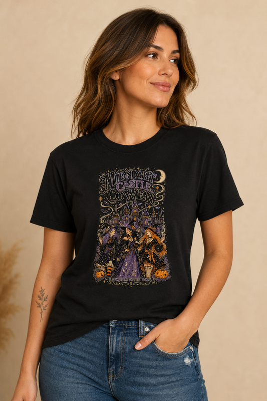 Woman wearing a black Midnight Castle Coven graphic T-shirt