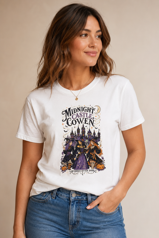 Woman wearing a white Midnight Castle Coven graphic T-shirt