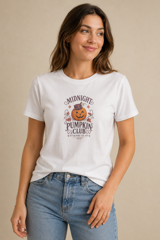 Woman wearing a white Midnight Pumpkin Club graphic T-shirt