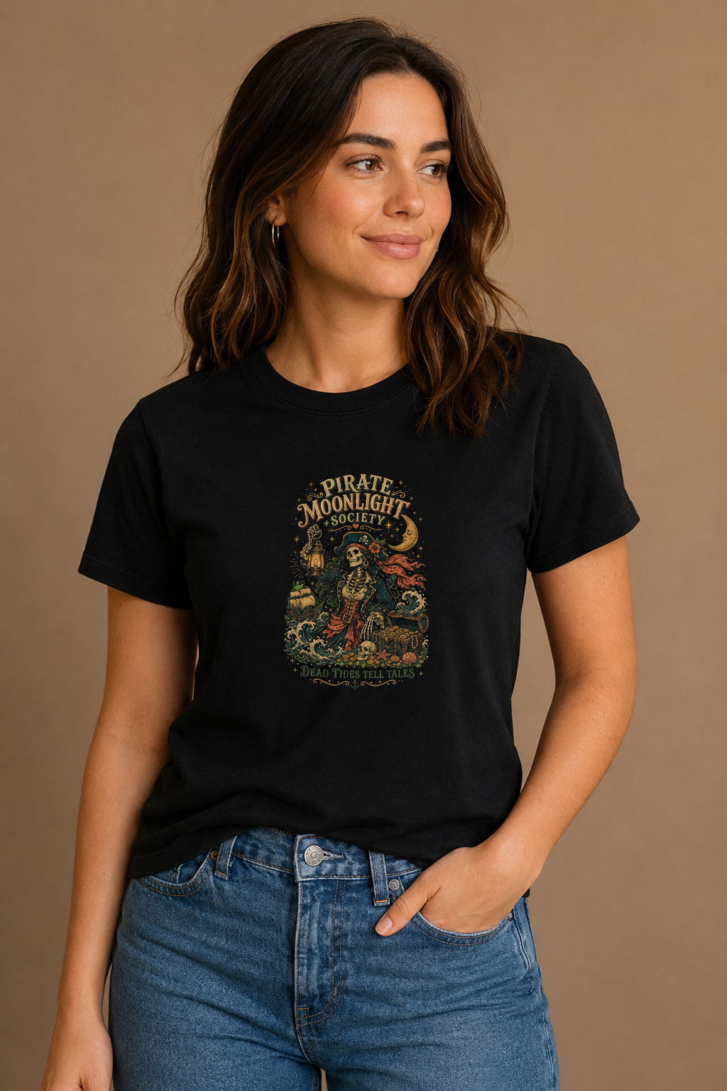 Woman wearing a black Pirate Moonlight Society graphic T-shirt