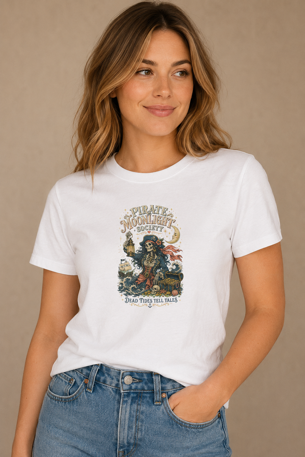 Woman wearing a white Pirate Moonlight Society graphic T-shirt