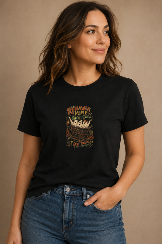 Woman wearing a black Runaway Mine Ghost Crew graphic T-shirt