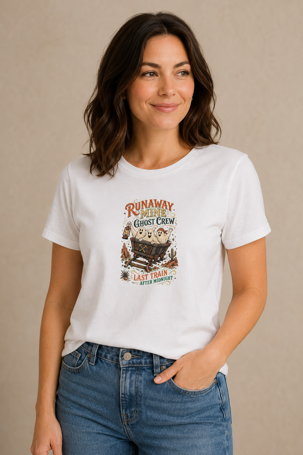 Woman wearing a white Runaway Mine Ghost Crew graphic T-shirt