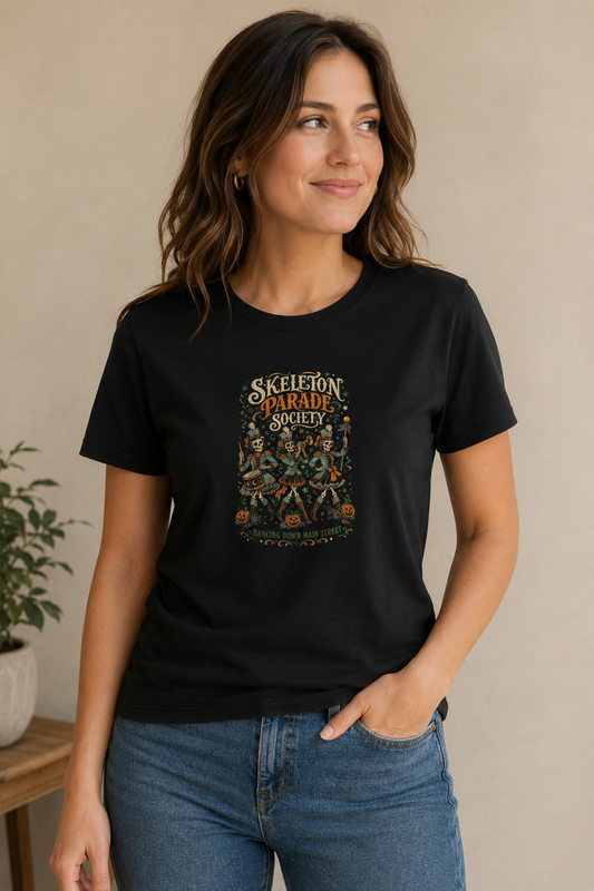 Woman wearing a black Skeleton Parade Society graphic T-shirt