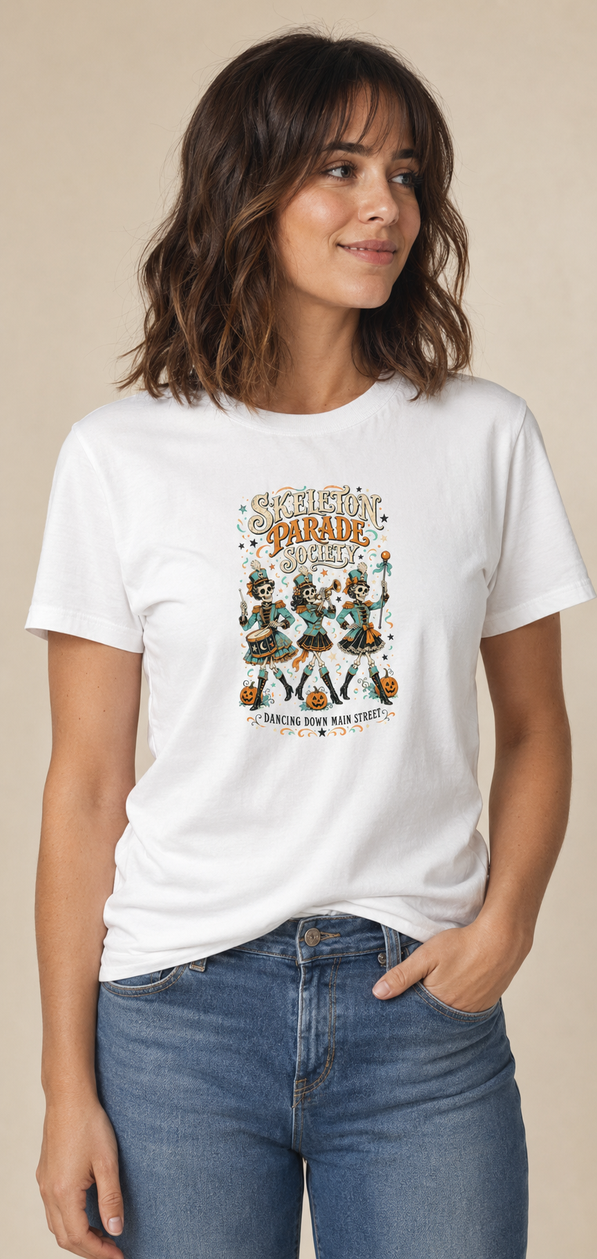 Woman wearing a white Skeleton Parade Society graphic T-shirt
