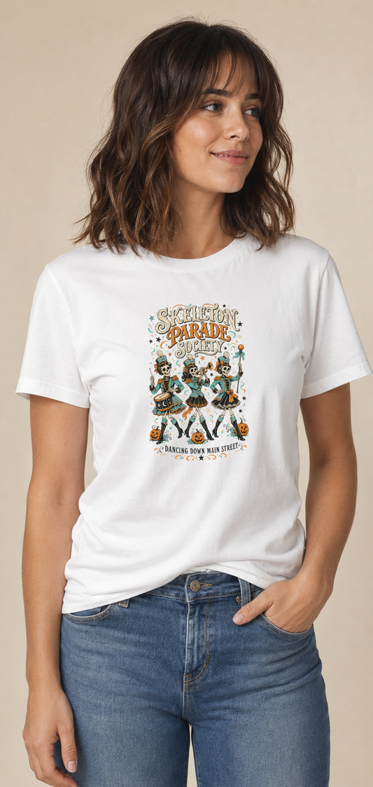Woman wearing a white Skeleton Parade Society graphic T-shirt