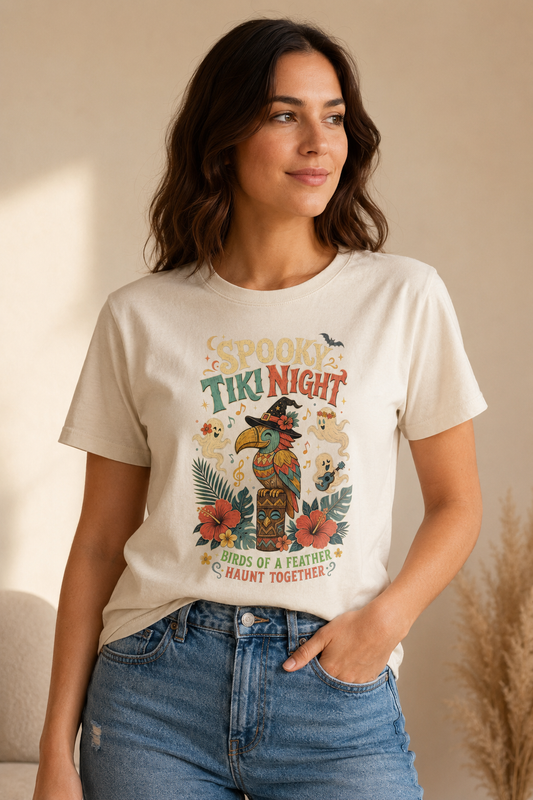 Woman wearing a beige Spooky Tiki Night graphic T-shirt
