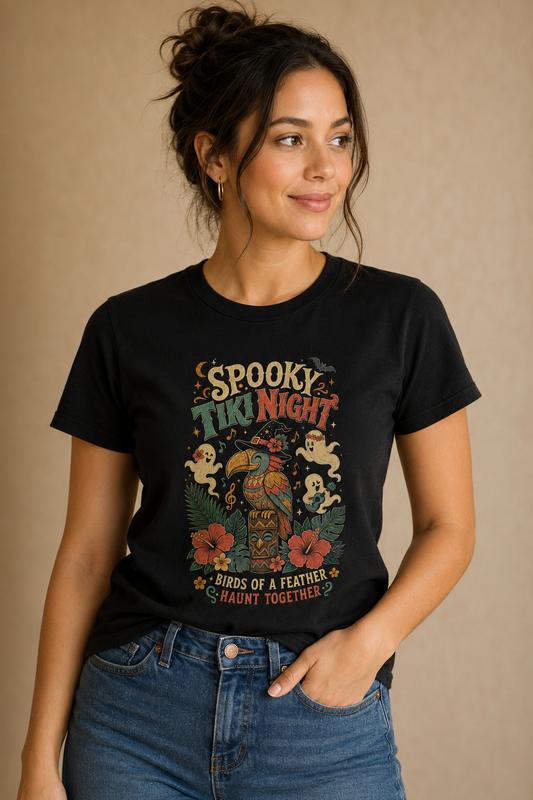 Woman wearing a black Spooky Tiki Night graphic T-shirt