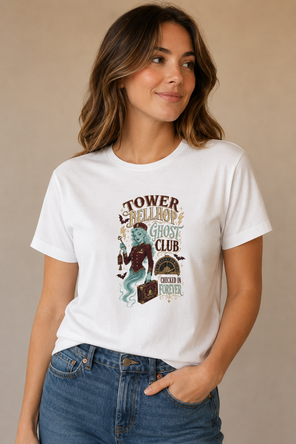 Woman wearing a white Tower Bellhop Ghost Club graphic T-shirt