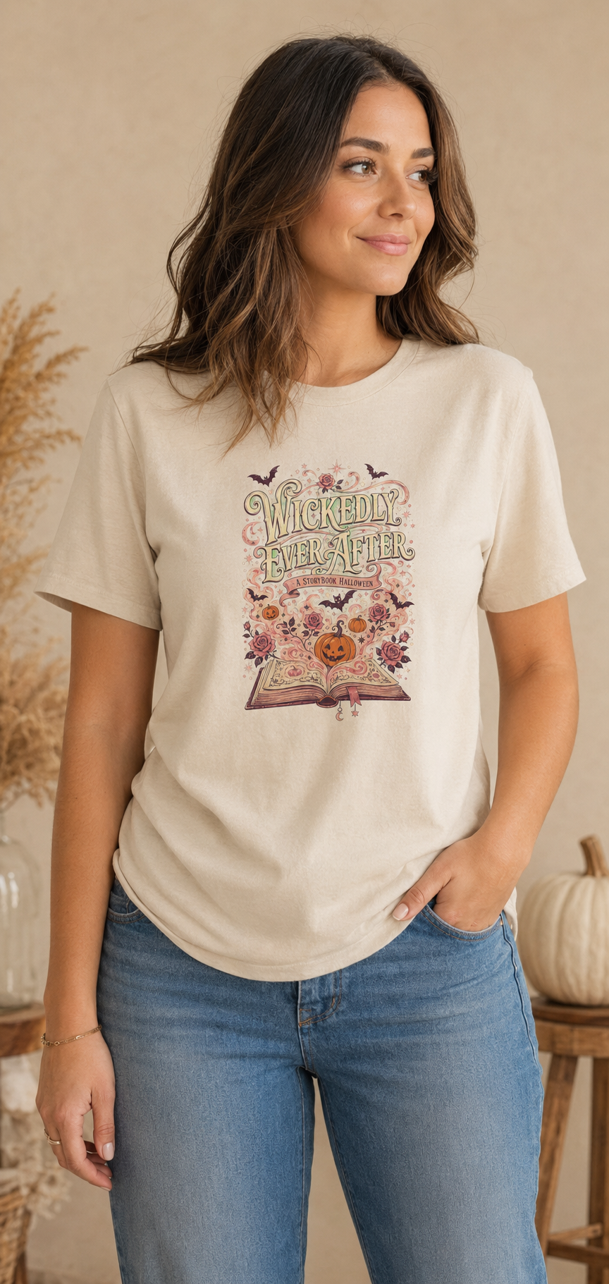 Woman wearing a beige Wickedly Ever After graphic T-shirt