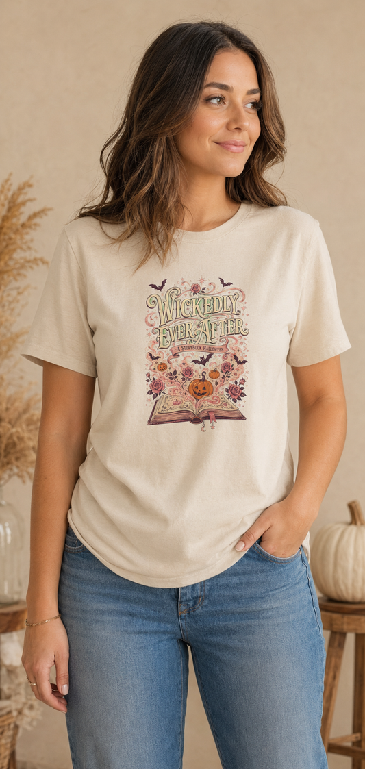 Woman wearing a beige Wickedly Ever After graphic T-shirt