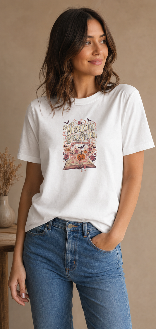 Woman wearing a white Wickedly Ever After graphic T-shirt