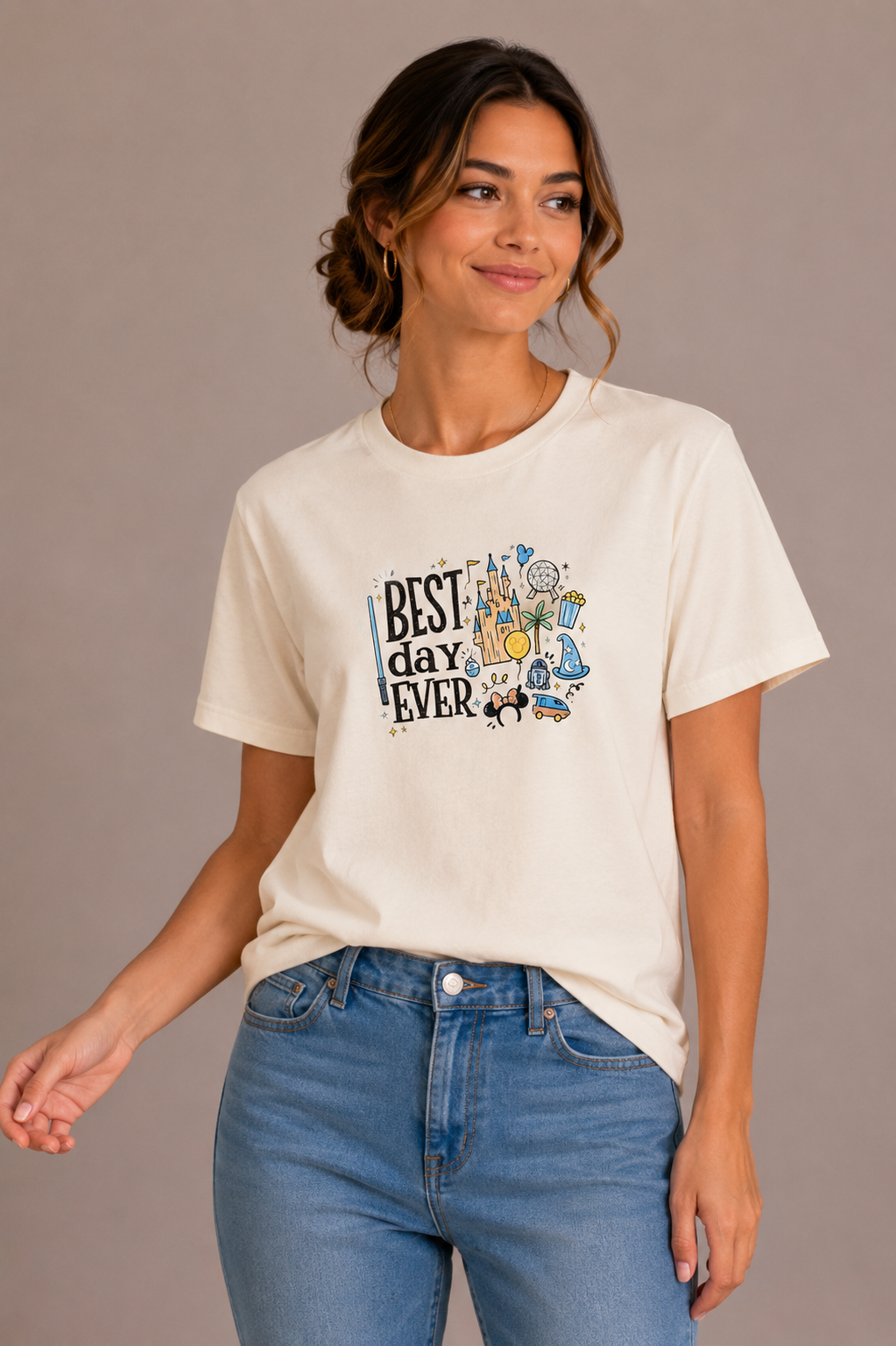 Woman wearing a sand crew-neck t-shirt with the 'Best Day Ever' theme park doodle design printed on the chest