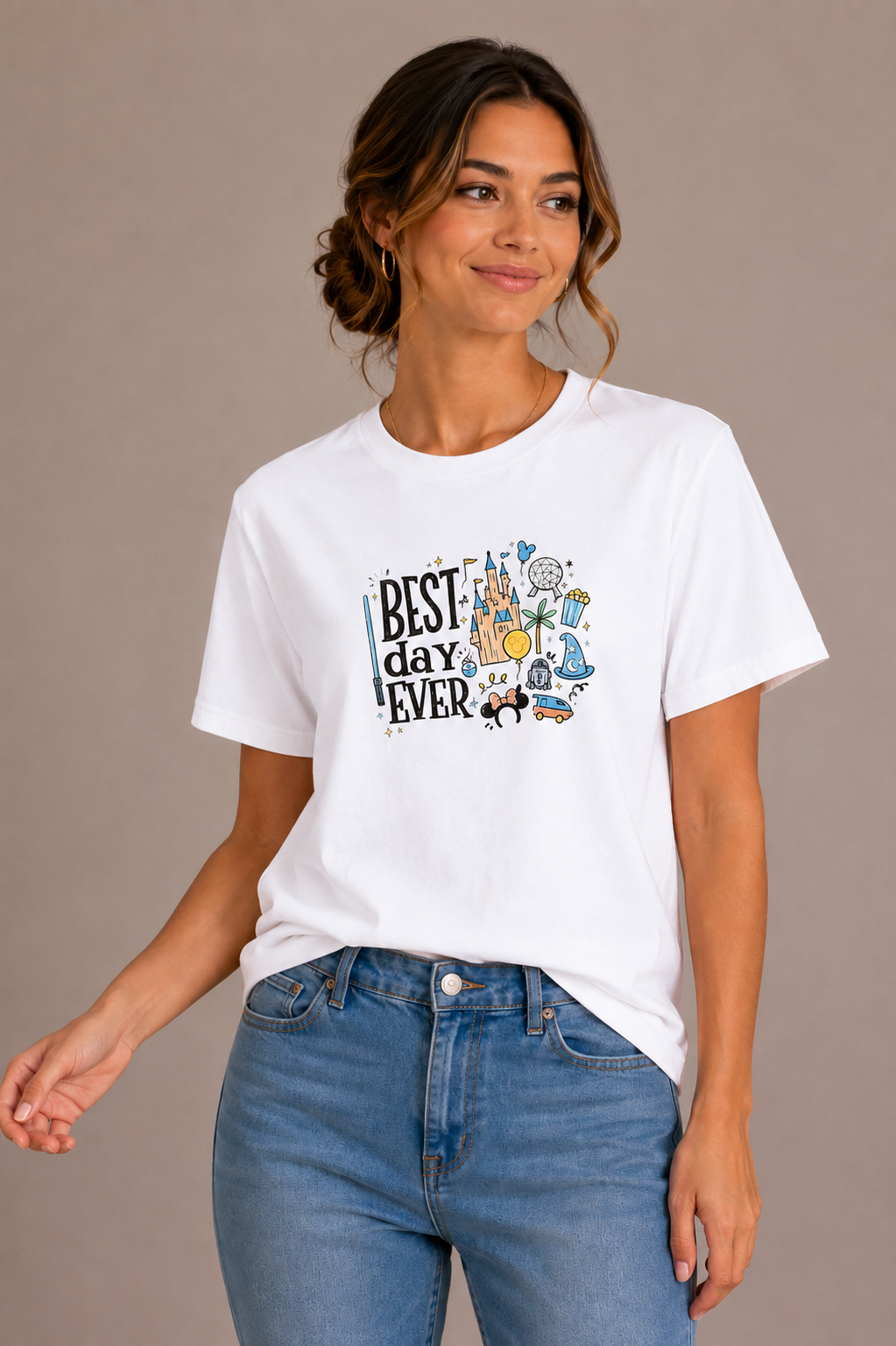Woman wearing a white crew-neck t-shirt with the 'Best Day Ever' theme park doodle design printed on the chest