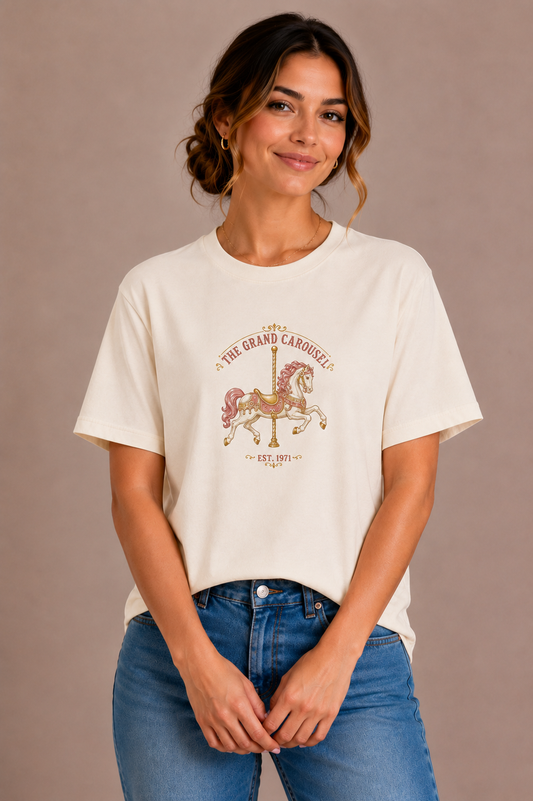 Woman wearing a sand crew-neck t-shirt with The Grand Carousel Est. 1971 carousel horse design printed on the chest