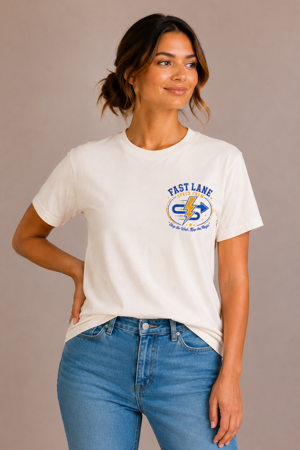 Woman wearing a sand crew-neck t-shirt with the 'Fast Lane Speed Crew' lightning-bolt badge design printed on the chest