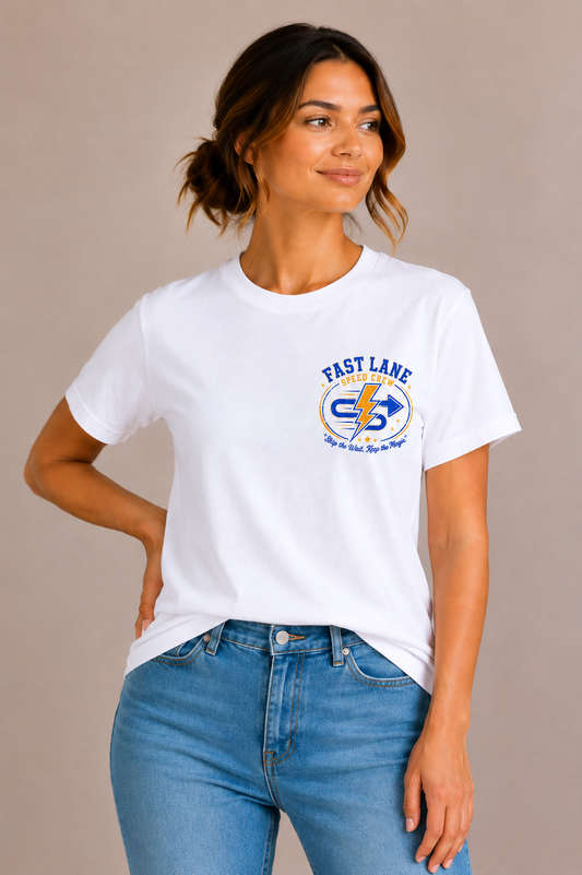 Woman wearing a white crew-neck t-shirt with the 'Fast Lane Speed Crew' lightning-bolt badge design printed on the chest