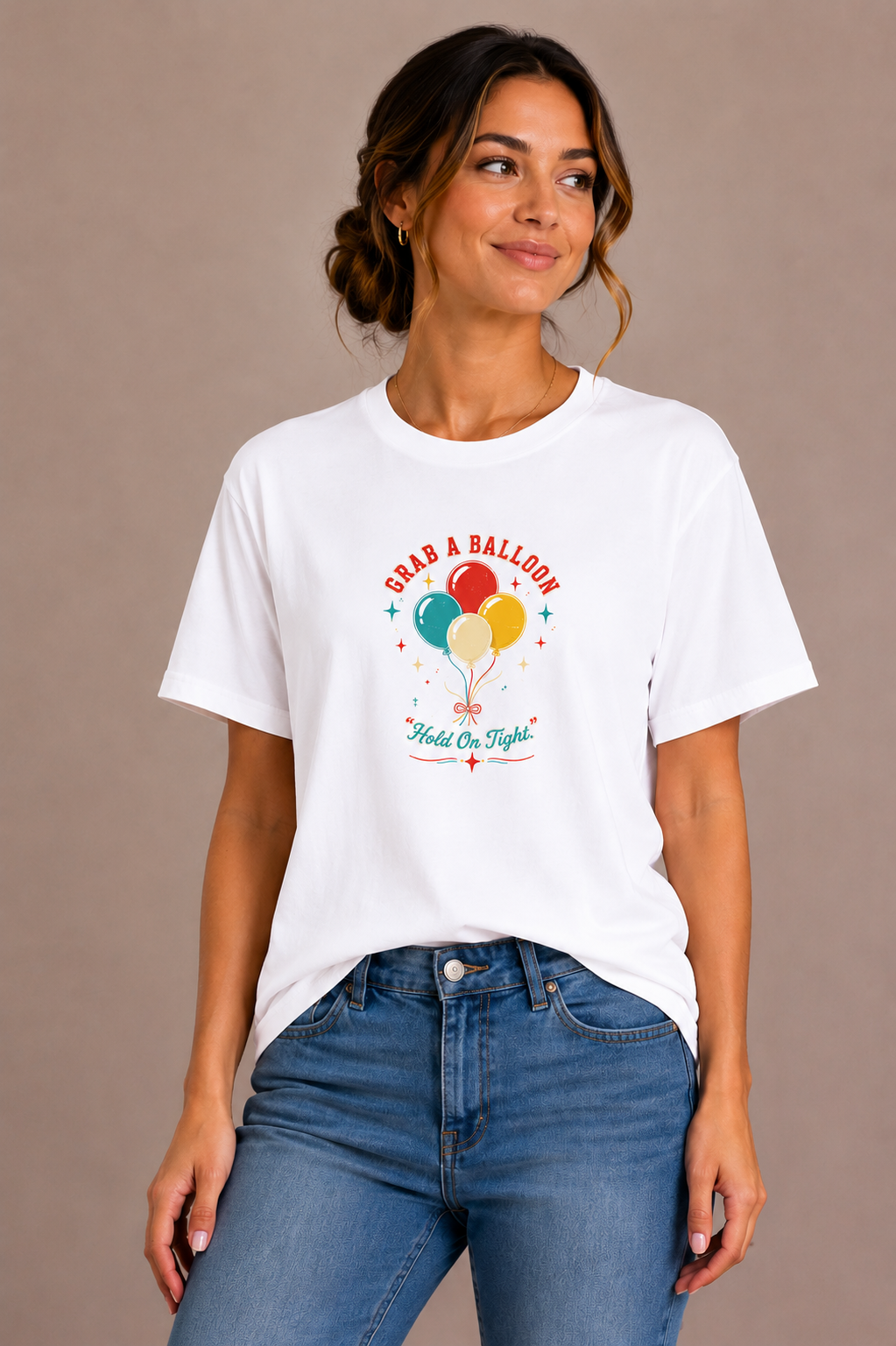Woman wearing a white crew-neck t-shirt with the 'Grab a Balloon' retro balloon bunch design printed on the chest