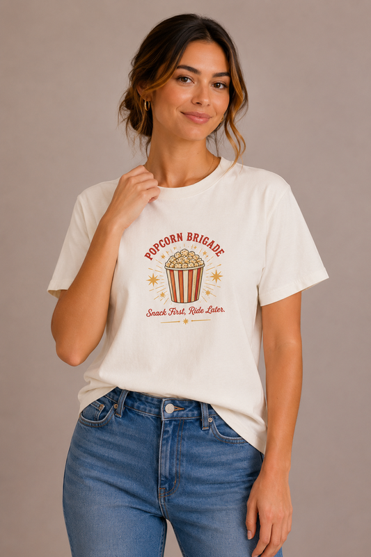 Woman wearing a sand crew-neck t-shirt with the 'Popcorn Brigade – Snack First, Ride Later' popcorn bucket design printed on the chest