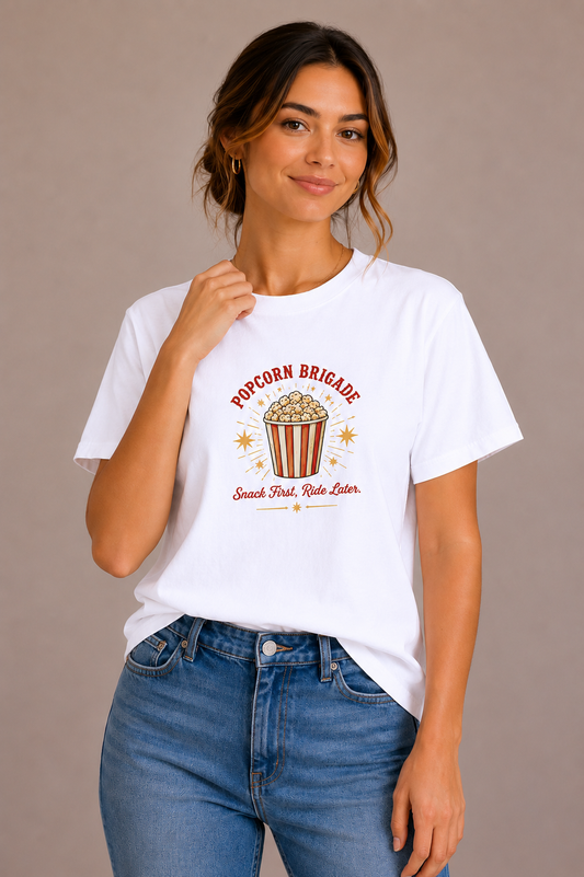 Woman wearing a white crew-neck t-shirt with the 'Popcorn Brigade – Snack First, Ride Later' popcorn bucket design printed on the chest