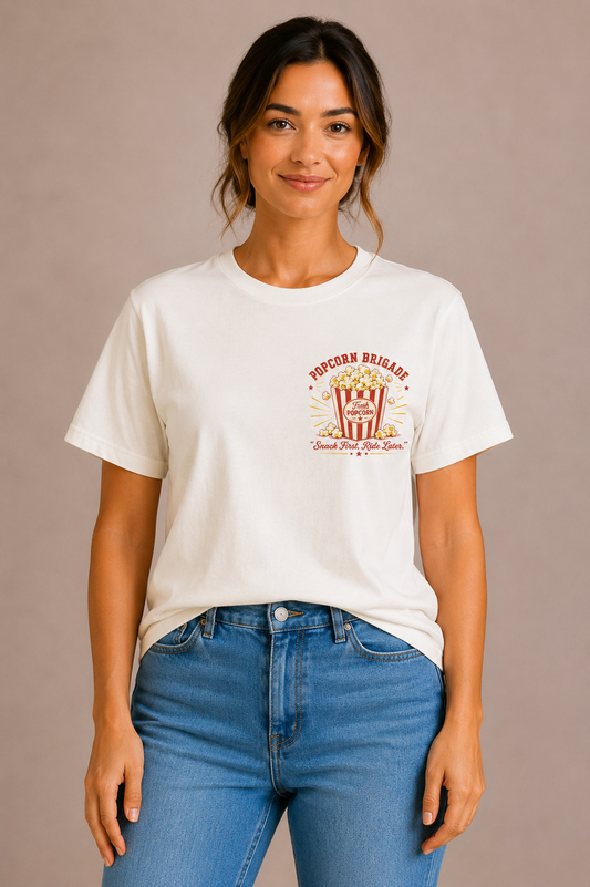 Woman wearing a sand crew-neck t-shirt with the 'Popcorn Brigade – Snack First, Ride Later' popcorn bucket design printed on the chest