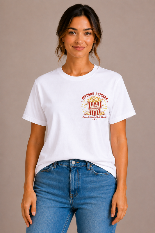 Woman wearing a white crew-neck t-shirt with the 'Popcorn Brigade – Snack First, Ride Later' popcorn bucket design printed on the chest