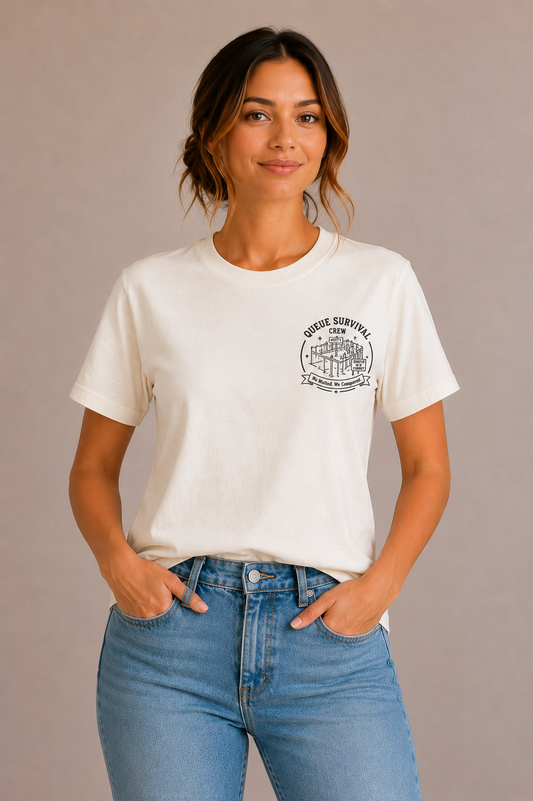 Woman wearing a sand crew-neck t-shirt with the 'Queue Survival Crew – We Waited, We Conquered' queue-line badge design printed small on the chest