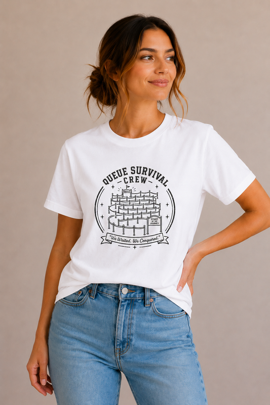 Woman wearing a white crew-neck t-shirt with the 'Queue Survival Crew – We Waited, We Conquered' queue-line badge design printed on the chest