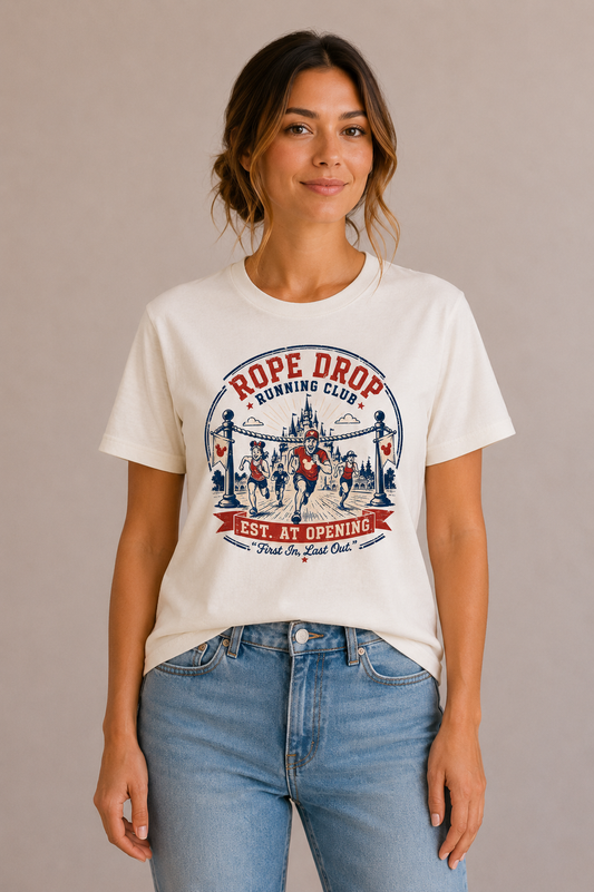 Woman wearing a sand crew-neck t-shirt with the 'Rope Drop Running Club – Est. At Opening' runners badge design printed on the chest