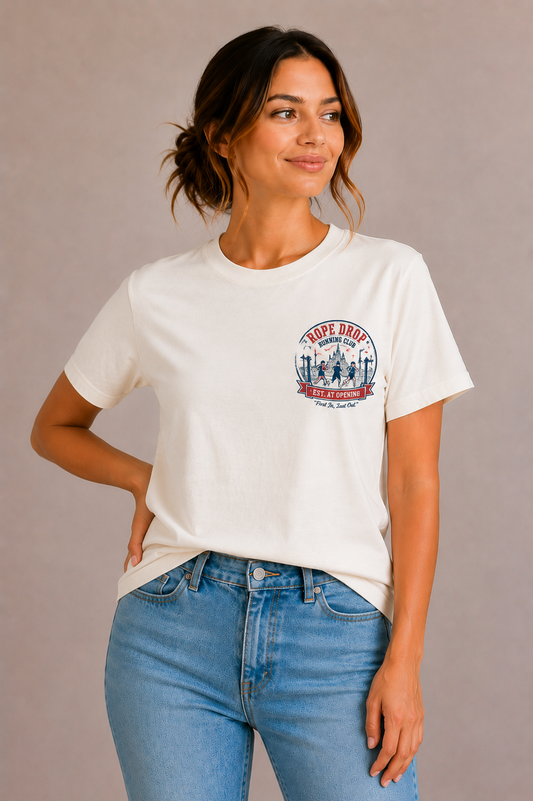 Woman wearing a sand crew-neck t-shirt with the 'Rope Drop Running Club – Est. At Opening' runners badge design printed small on the chest