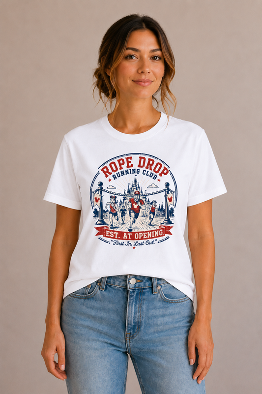 Woman wearing a white crew-neck t-shirt with the 'Rope Drop Running Club – Est. At Opening' runners badge design printed on the chest