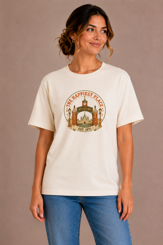 Woman wearing a sand crew-neck t-shirt with the 'The Happiest Place Est. 1971' castle gateway badge design printed on the chest