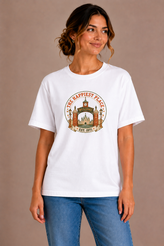 Woman wearing a white crew-neck t-shirt with the 'The Happiest Place Est. 1971' castle gateway badge design printed on the chest